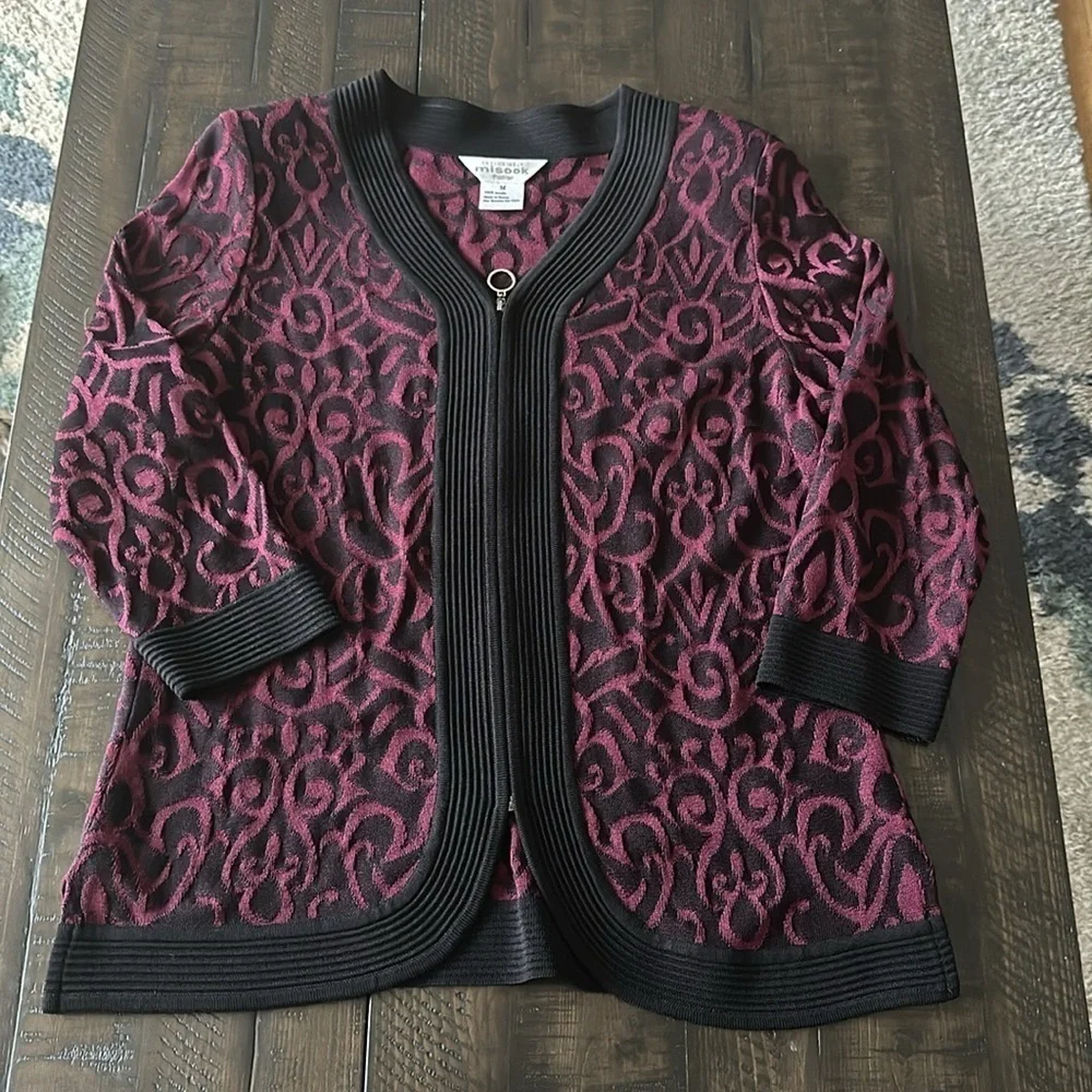 Exclusively Misook Petite M Texture Zip-Up Top Lightweight Jacket Burgundy Black - Picture 15 of 16